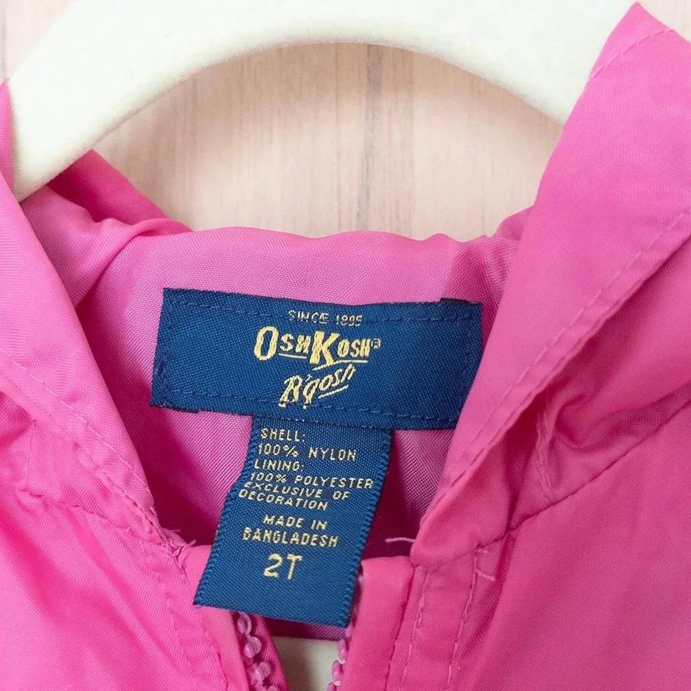 Vintage OshKosh B'gosh Girls Windbreaker 2T Pink Hooded Full Zip Jacket Retro